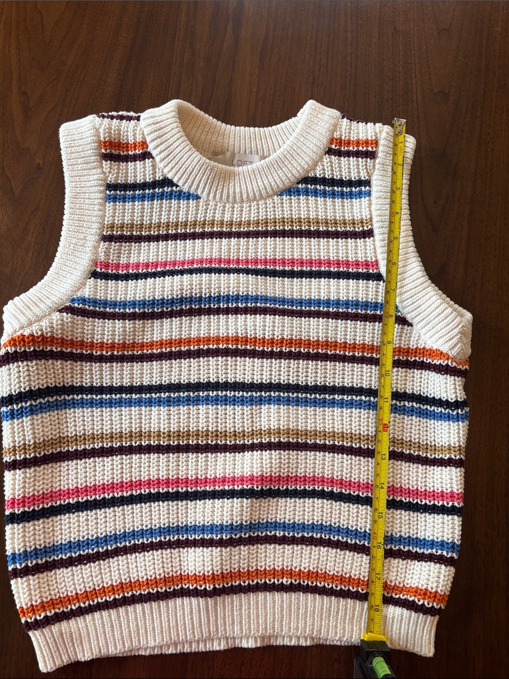 LOFT Cream Striped Knit Crewneck Sweater Vest with Multicolor Stripes